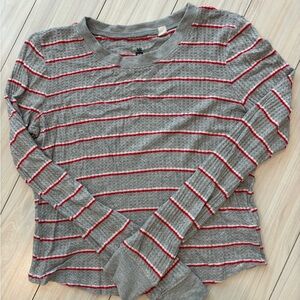 Pacsun Gray and Red Striped Long Sleeve Waffle Top